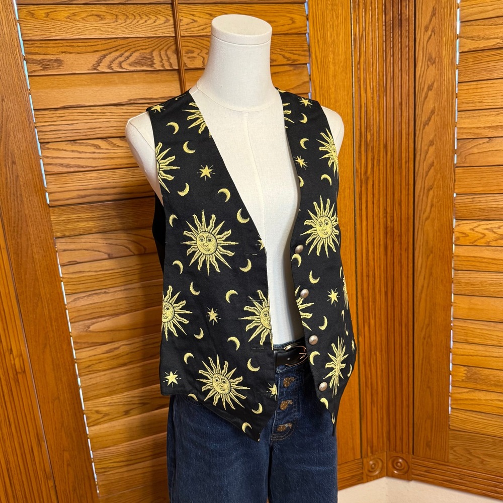 Nadia Vintage Celestial Sun Moon Star Vest Black Gold Italian Fabric Medium